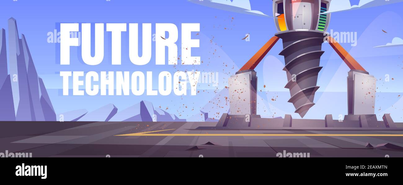 Future technology cartoon banner with futuristic drilling rig, drill ship for exploration and mining. Landscape with platform and derrick with auger, spaceship for bore ground, Vector illustration Stock Vector