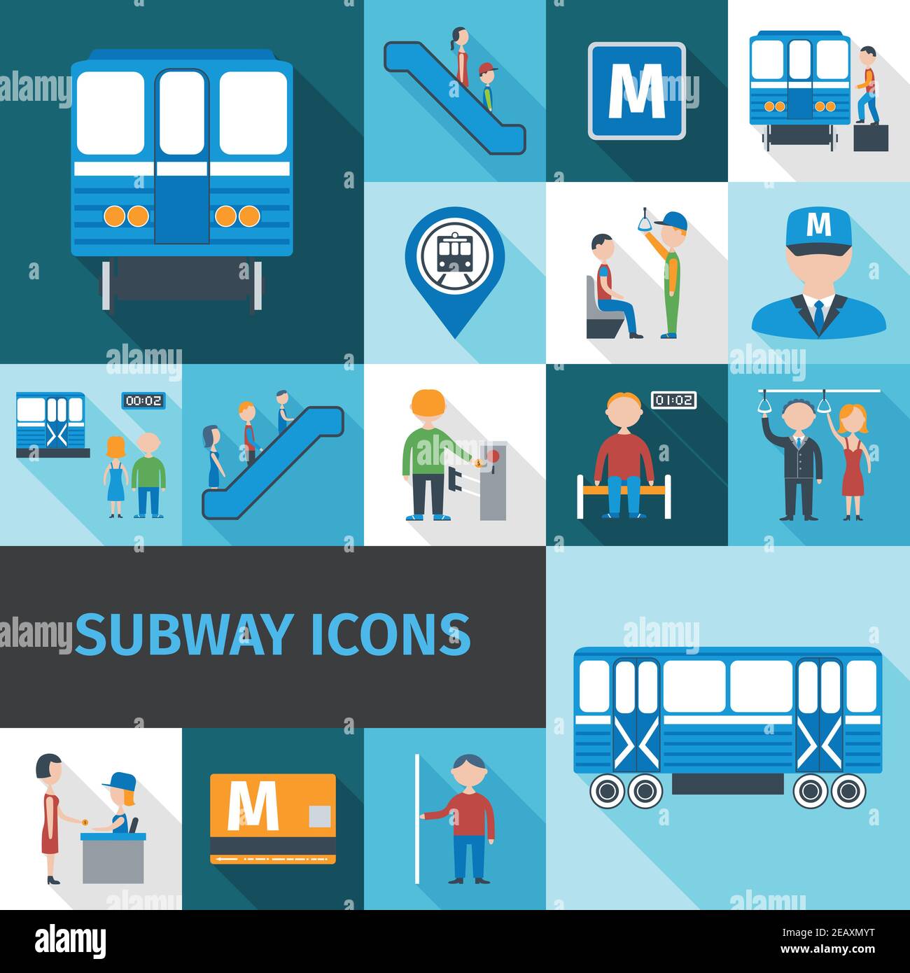 Subway decorative icons flat set with transport passengers employees and objects isolated vector illustration Stock Vector