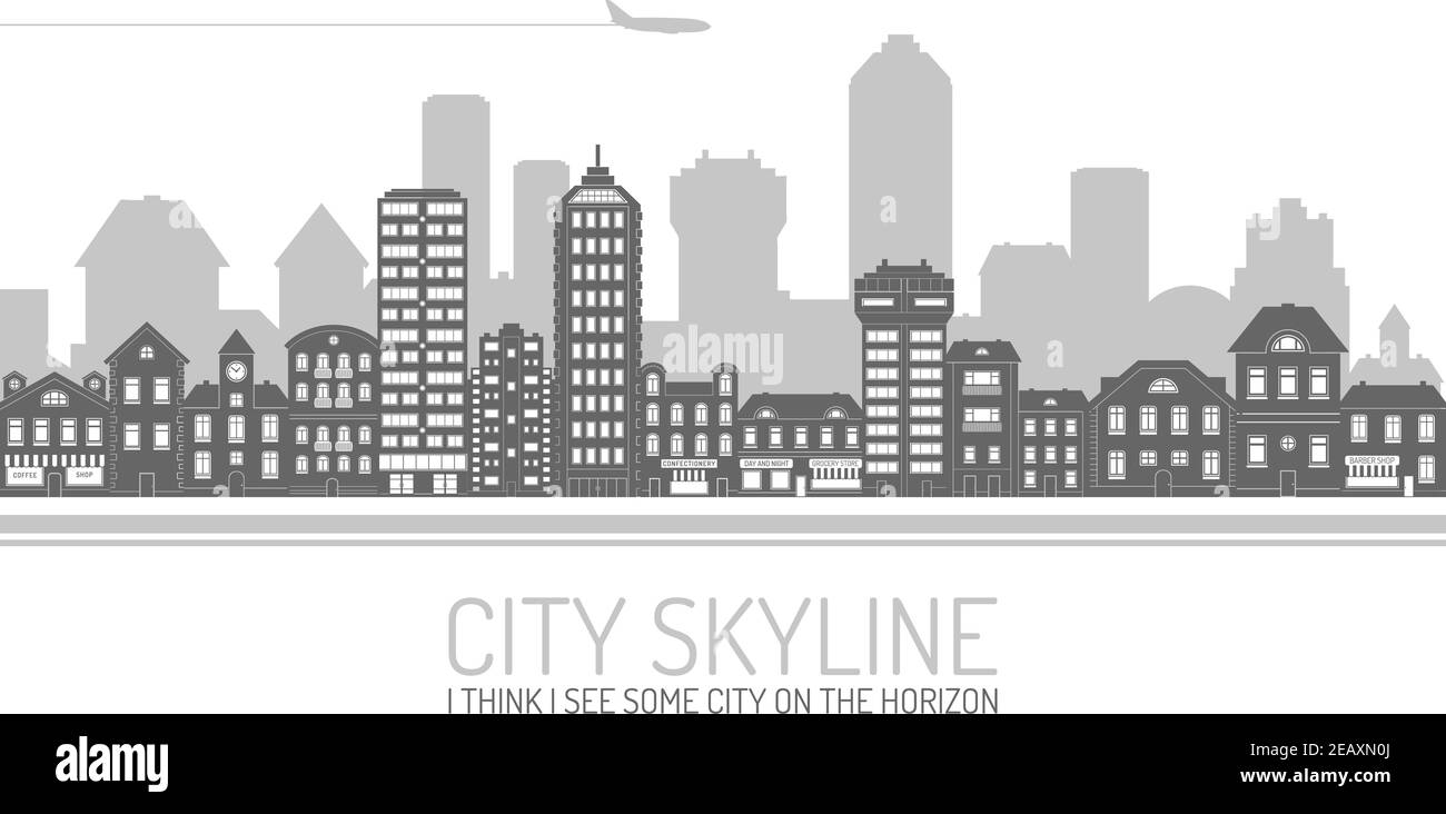 Black modern city view skyline poster with house and commercial buildings vector illustration Stock Vector