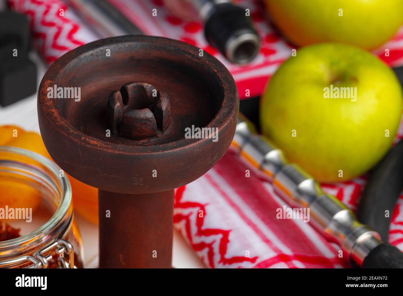 Empty hookah shaft close up on table with fresh fruit Stock Photo