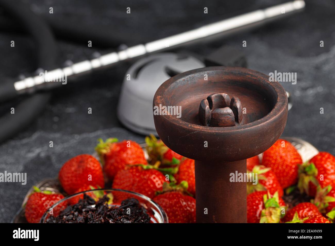 Empty hookah shaft close up on table with fresh fruit Stock Photo