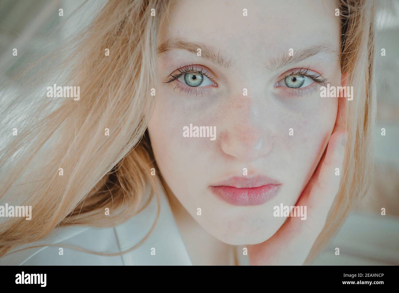Portrait of a young girl. beautiful gray eyes and white skin. Youth and naturalness Stock Photo