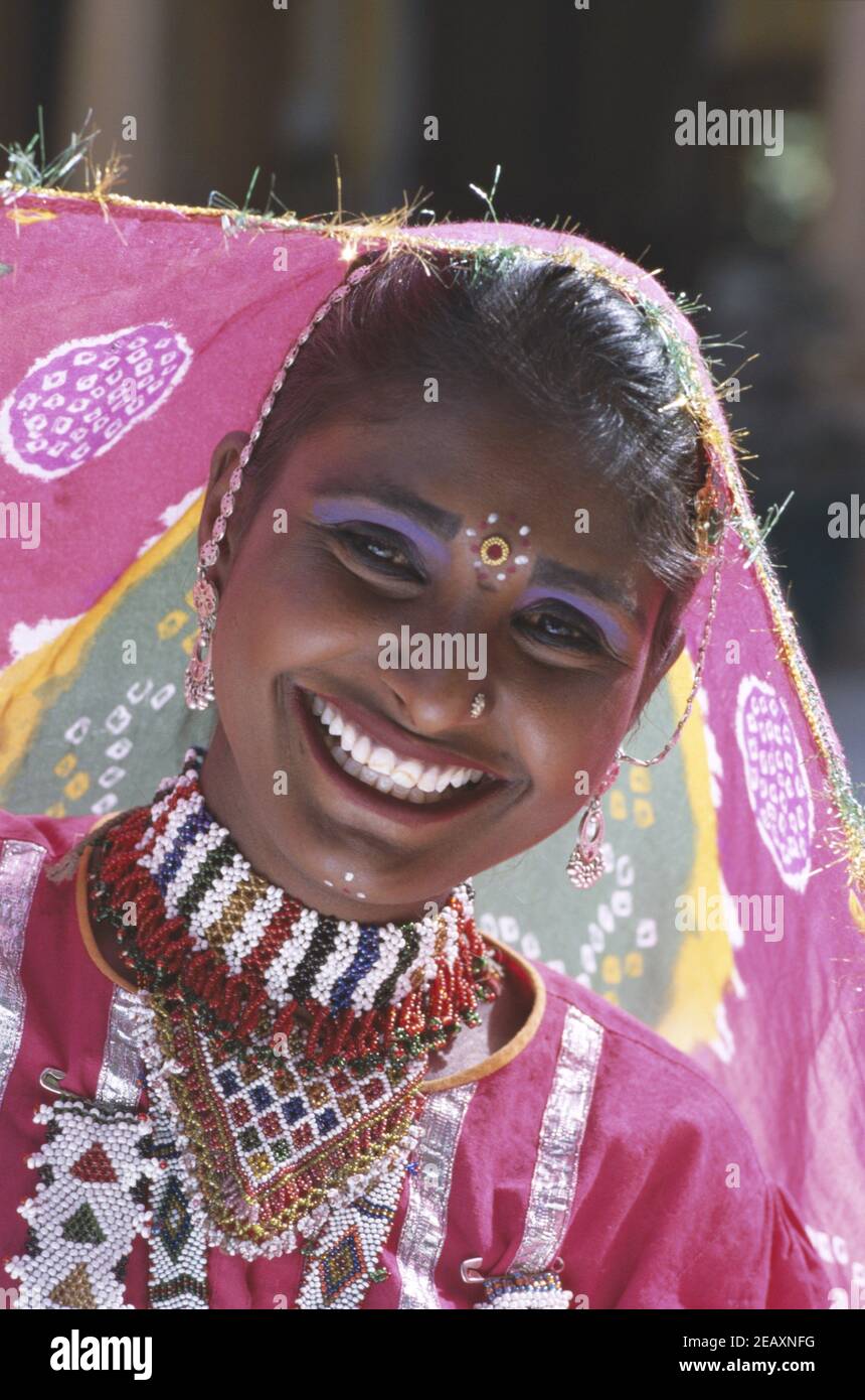 India, Rajasthan, Jaipur, Woman Dressed in Traditional Costume Stock