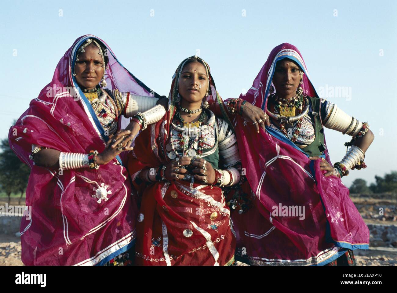 Asia,India, Rajasthan ,portrait of three Banjara women wearing sari and ...