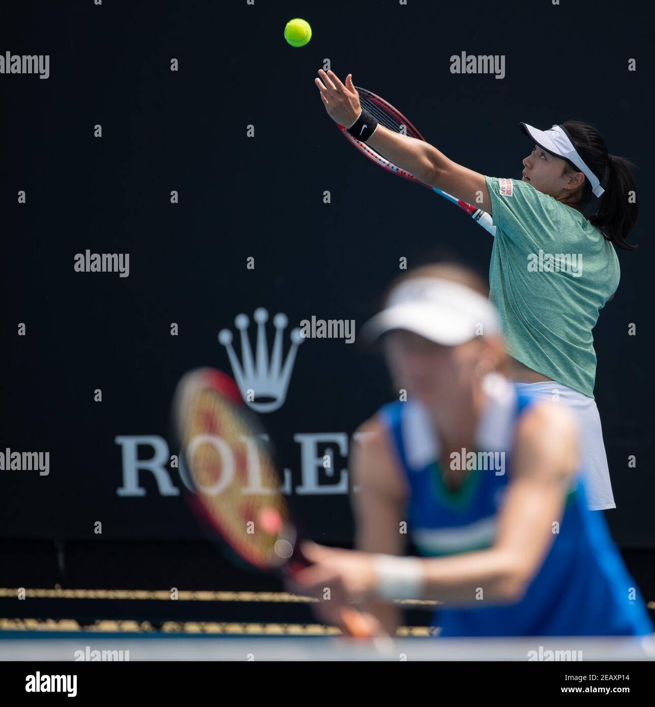 Melbourne, Melbourne, Australia. 11th Feb, 2021. Wang Yafan (R)/Renata Voracova compete during the women's doubles first round match between Wang Yafan of China/Renata Voracova of the Czech Republic and Maddison Inglis/Lizette Cabrera of Australia at the Australian Open 2021 tennis tournament in Melbourne Park, Melbourne, Australia on Feb. 11, 2021. Credit: Hu Jingchen/Xinhua/Alamy Live News Stock Photo