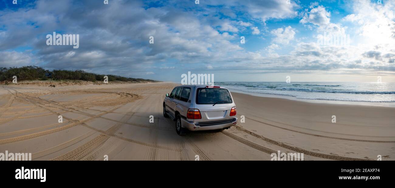 Fraser Island, Australia - December 2019: 4WD Australia Driving on Beaches of Fraser Island Great Sandy National Park, Queensland Australia. Stock Photo