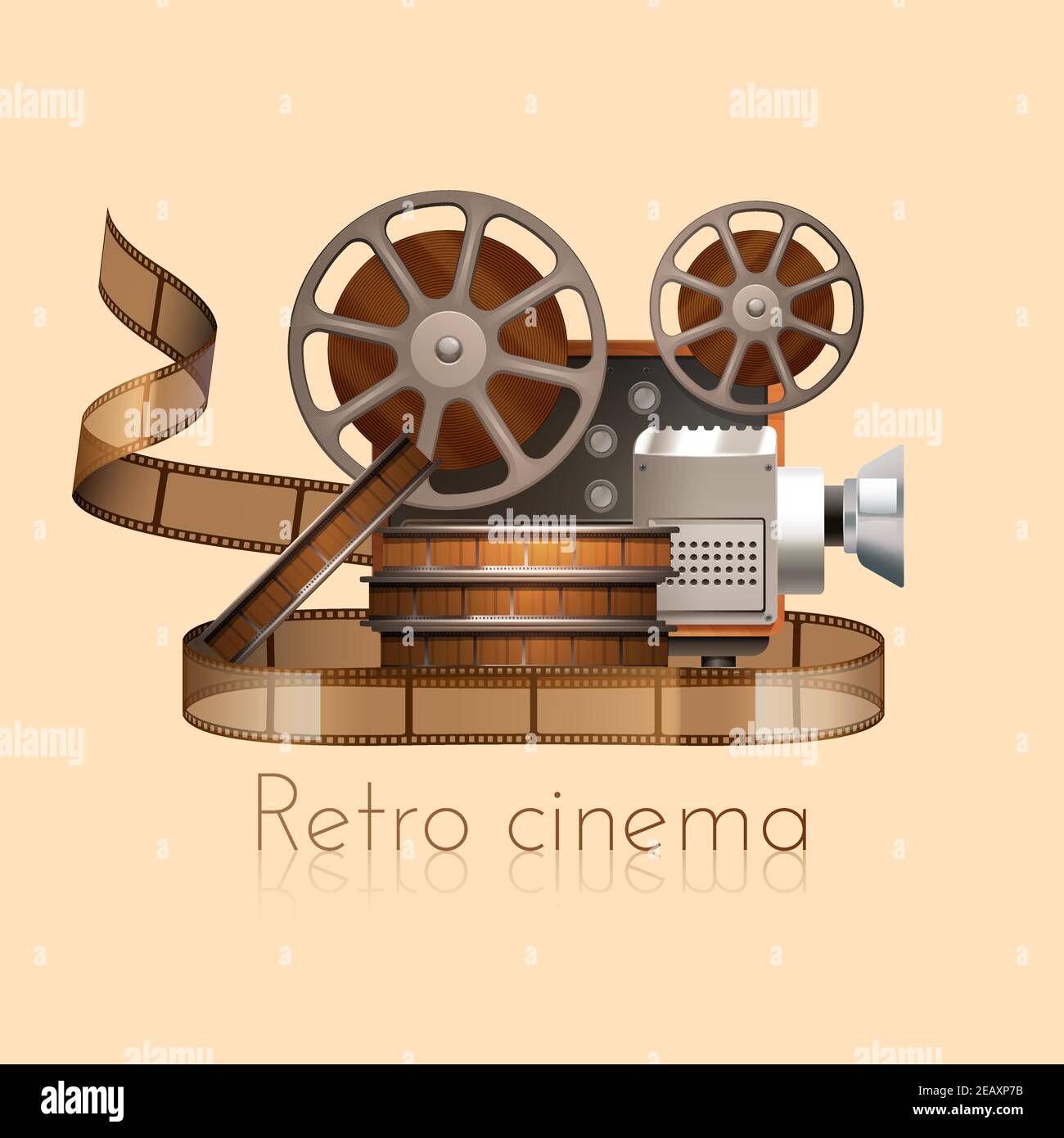 Retro cinema concept with realistic vintage camera projector and film reel vector illustration Stock Vector
