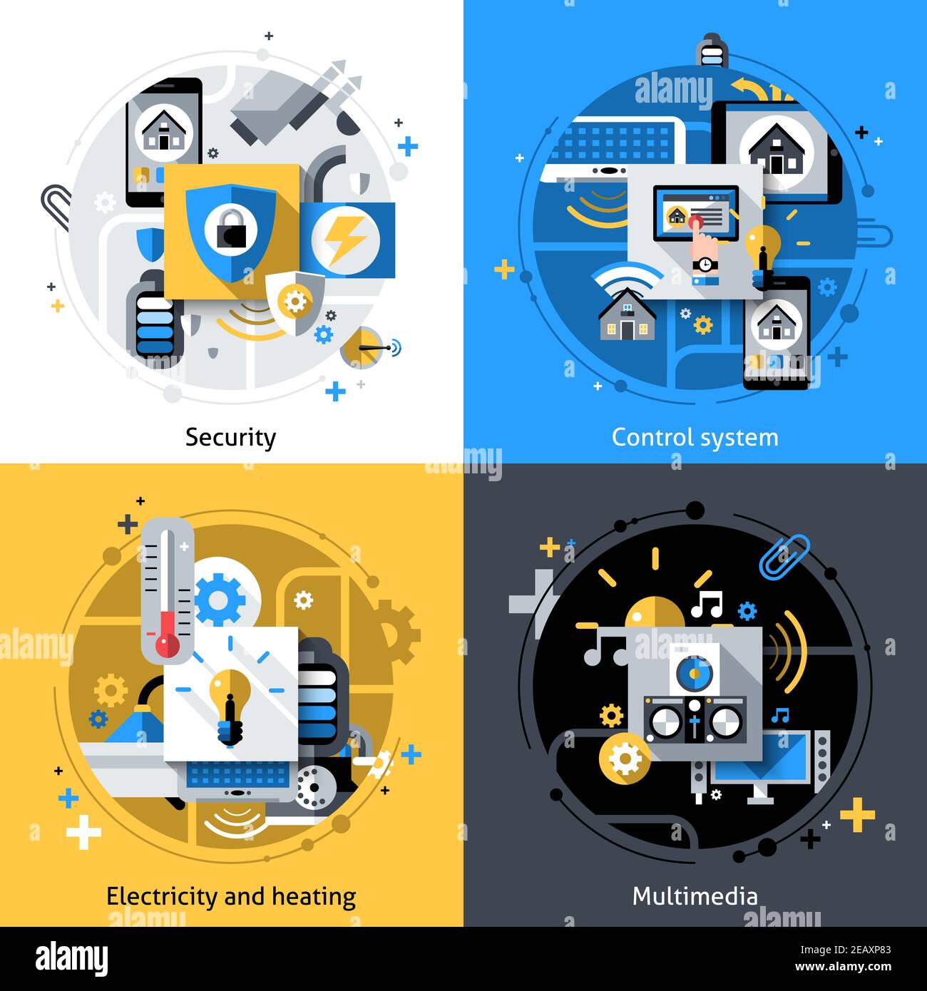 Smart house design concept set with security electricity heating and ...