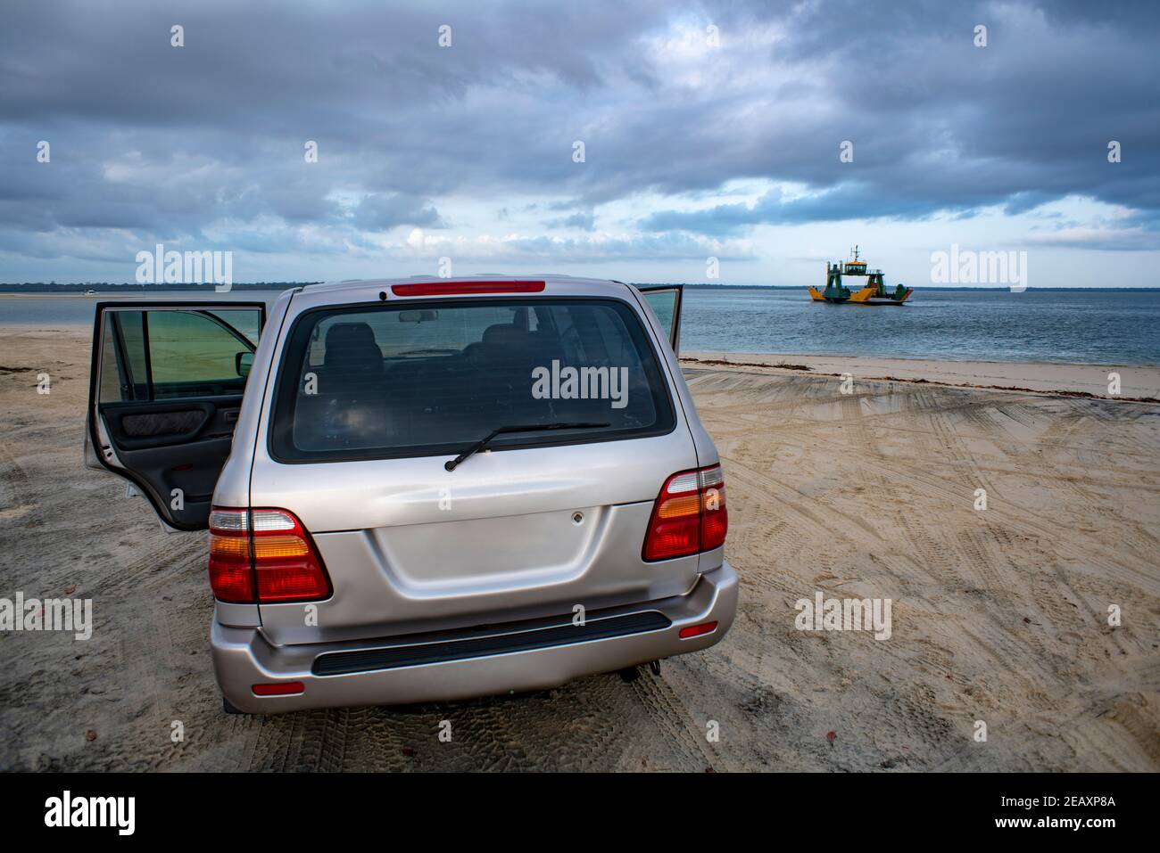 Fraser Island Australia - December 2019: Ferry Crossing 4WD Fraser Island, Driving on Beaches of Fraser Island Great Sandy National Park, Queensland A Stock Photo