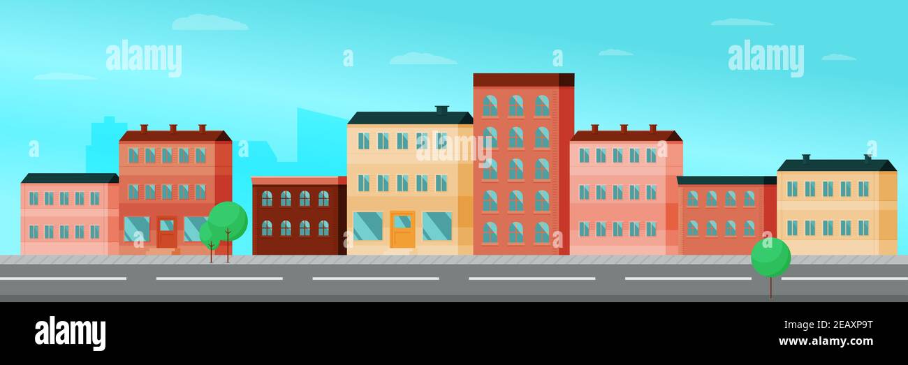 City Street Background Cityscape With Houses Facades Flat Vector Illustration Stock Vector Image Art Alamy