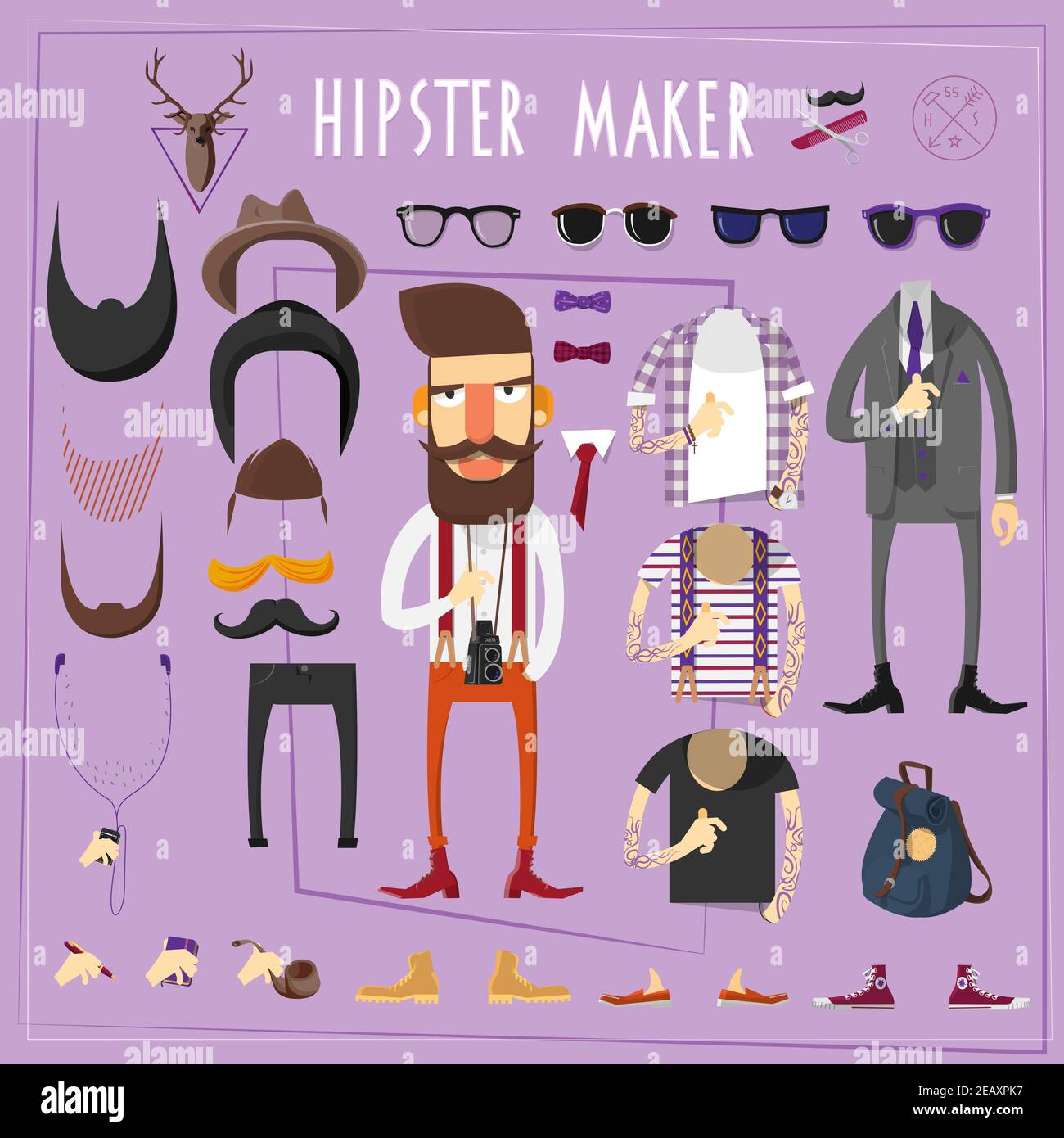 Hipster master accessories constructor with sets of fake mustaches sun glasses and footwear abstract flat vector illustration Stock Vector