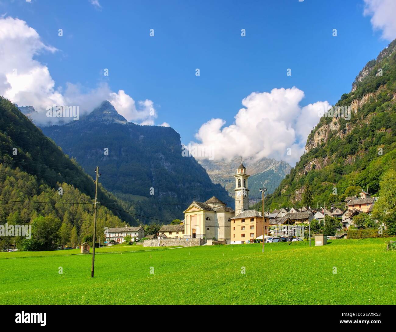 the village  Sonogno in the Verzasca Valley, Ticino in Switzerland, Europe Stock Photo