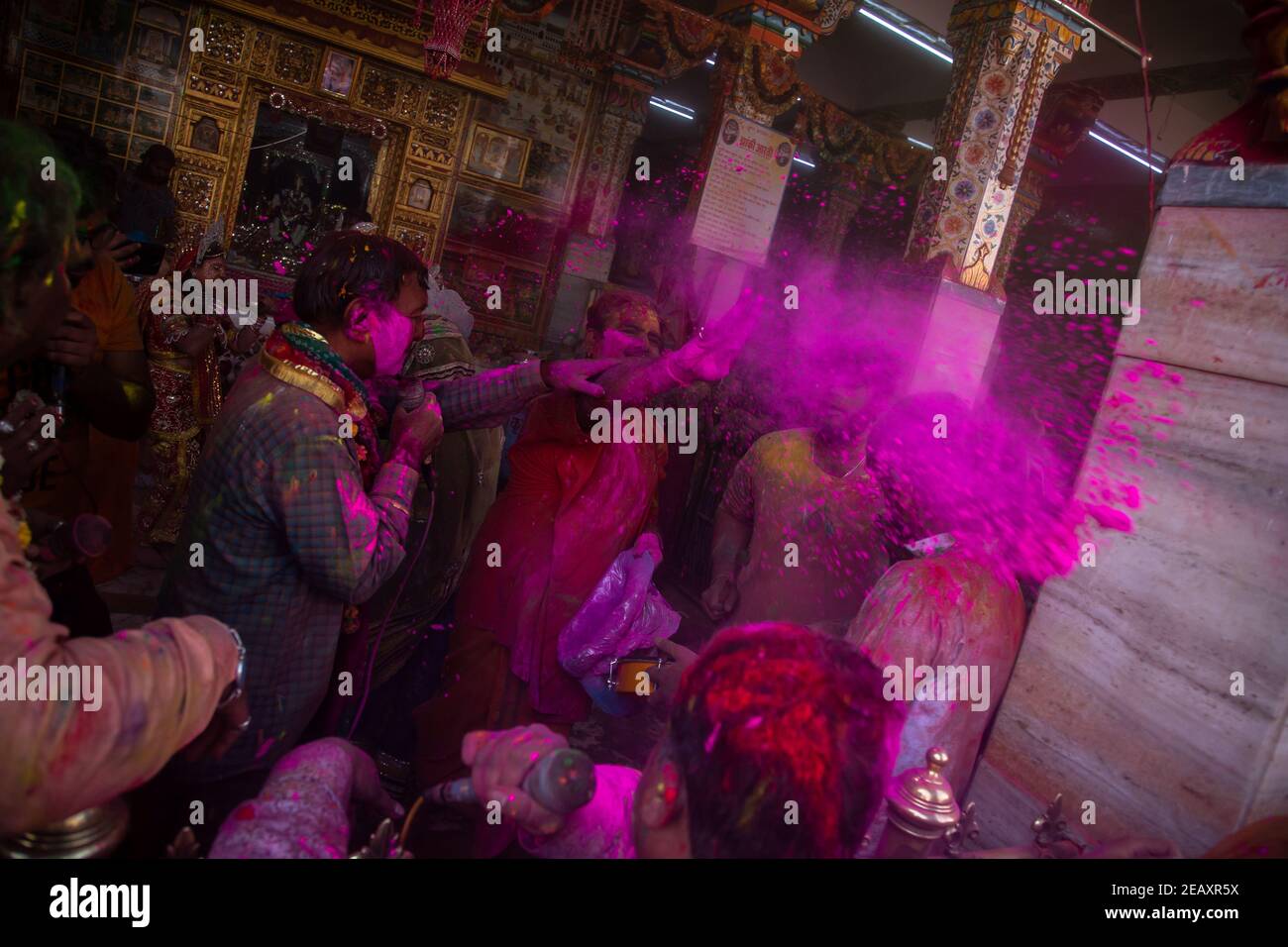 Jodhpur, rajastha, india - March 20, 2020: indian people celebrating holi festival throw colored powder. Stock Photo