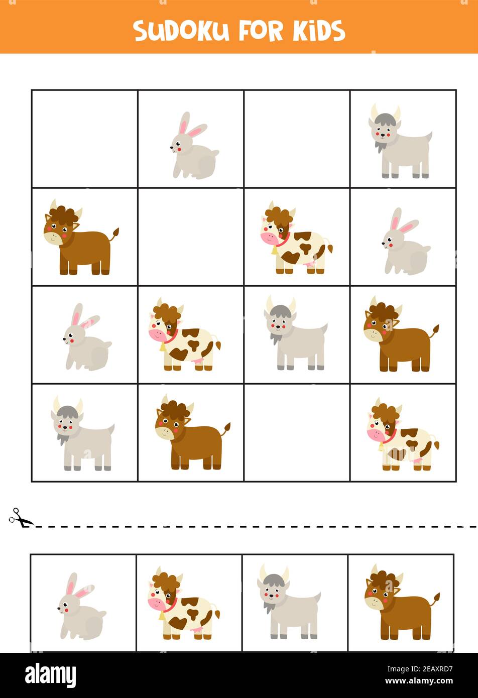 Sudoku for preschool kids. Logical game with farm animals. Stock Vector