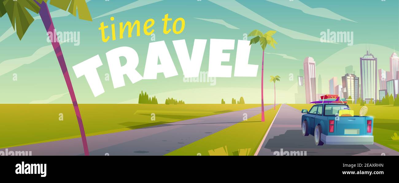 Time to travel cartoon banner with truck rear view moving by road with palm  trees and