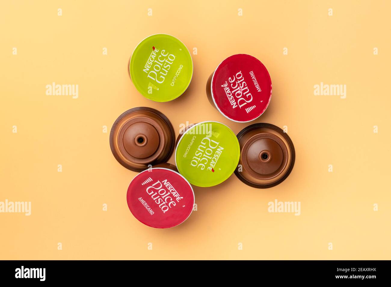 January 2021,Milan, Italy Set of Nescafe Dolce Gusto coffee capsules  isolated on white background Top view Flat lay Drink obtained from dosed  capsule Stock Photo - Alamy