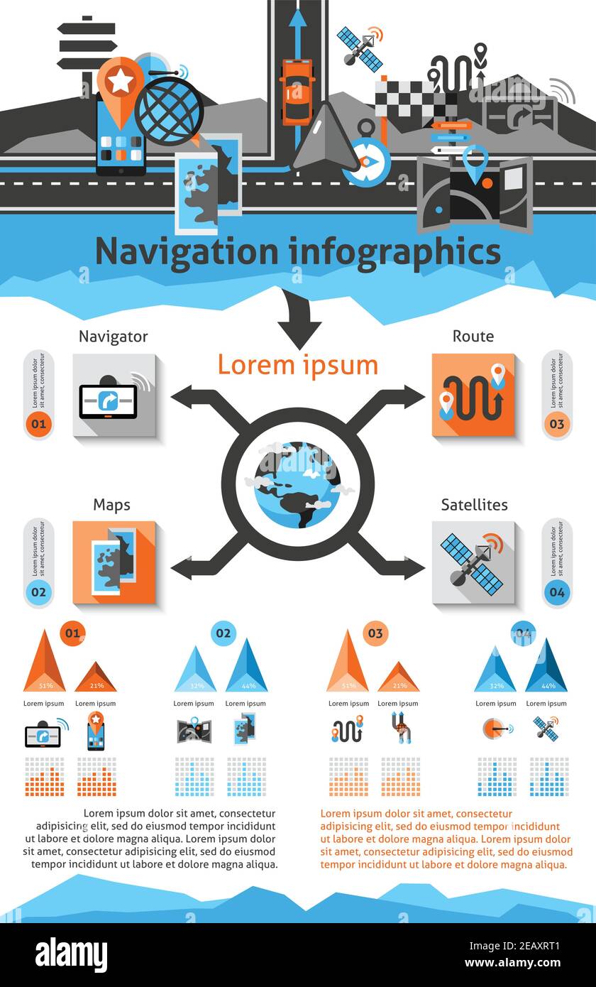 Navigation infographic set with global route search symbols with charts