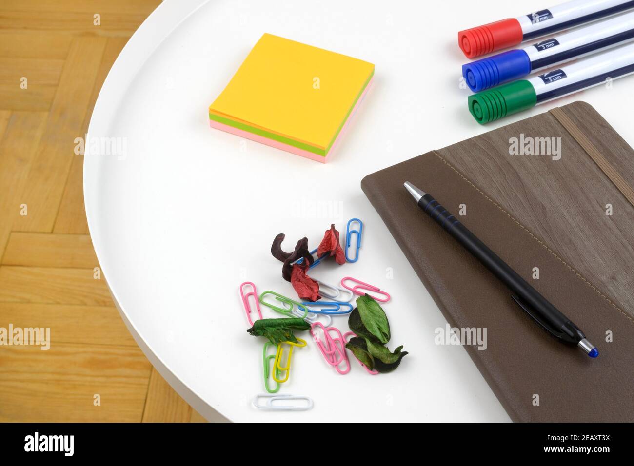 Office supplies on white table Stock Photo
