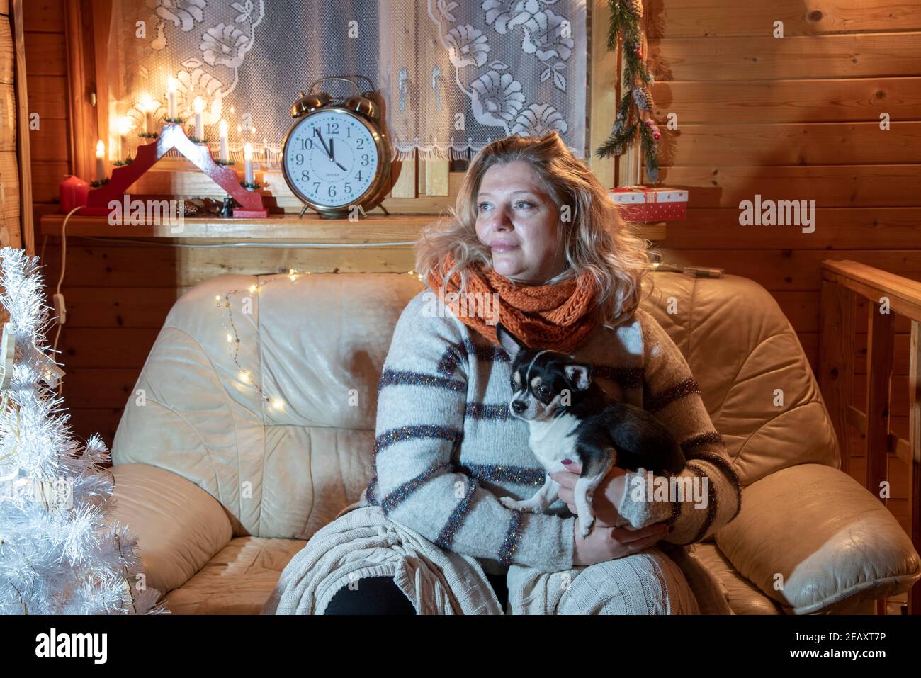 Portrait of a plump, middle-aged blonde woman sitting on a sofa with a Chihuahua . Stock Photo