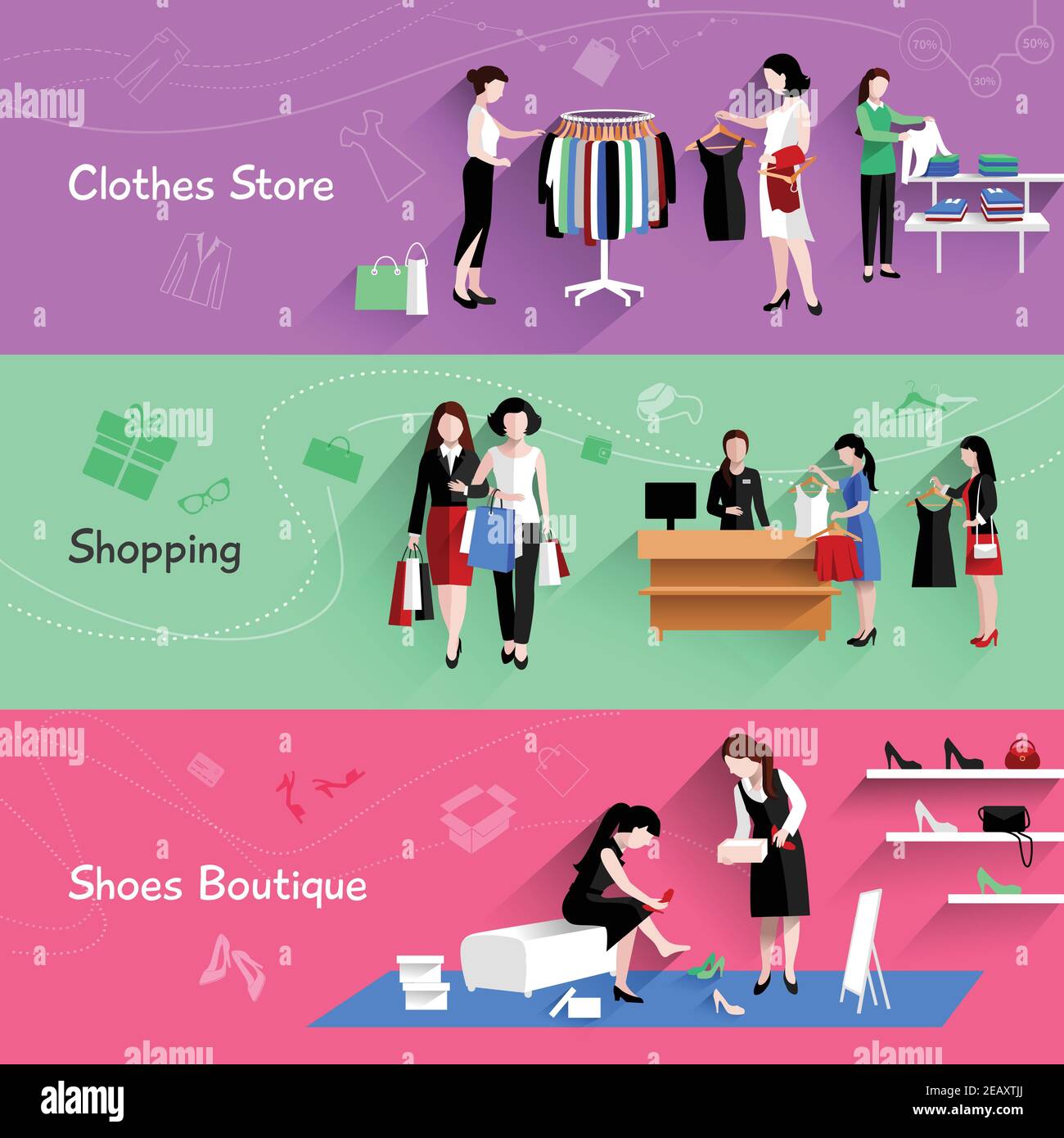 Woman shopping horizontal banner set with clothes and shoes store elements isolated vector illustration Stock Vector