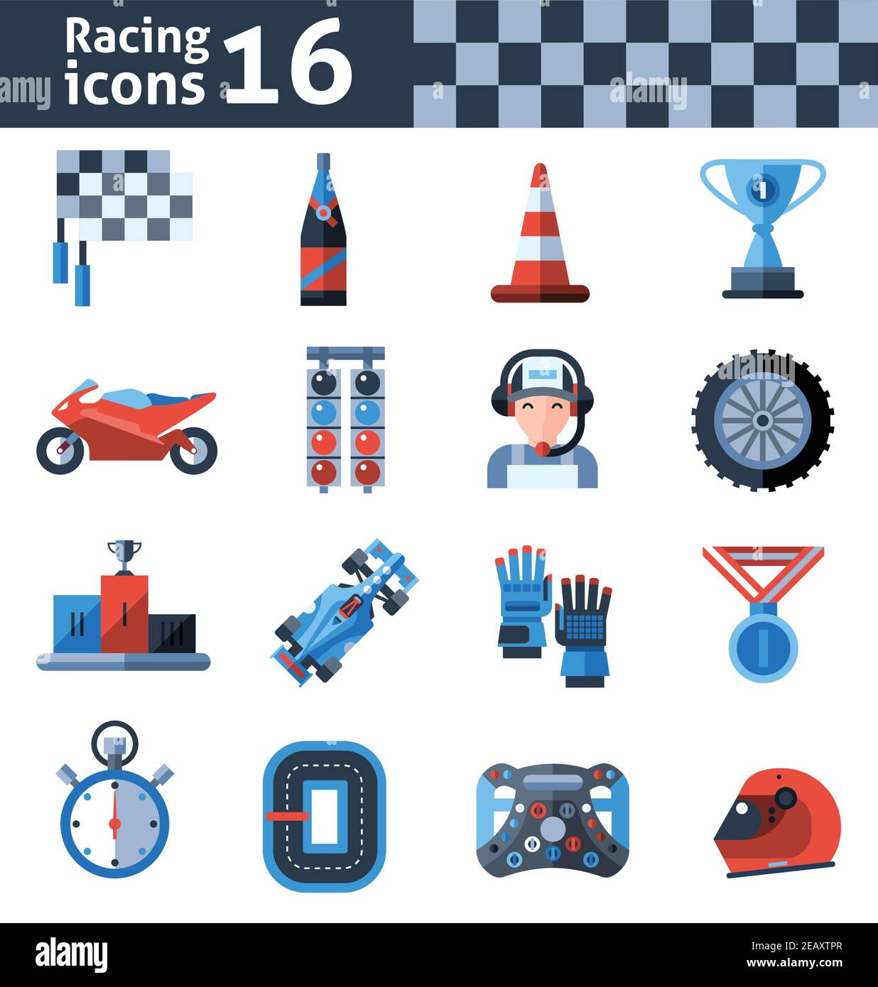 Racing icons set with motorcycle trophy helmet winner medal isolated ...