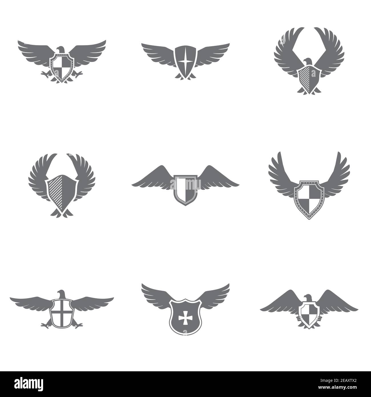 Grey eagle wings and feathers icons with shield set isolated vector illustration Stock Vector