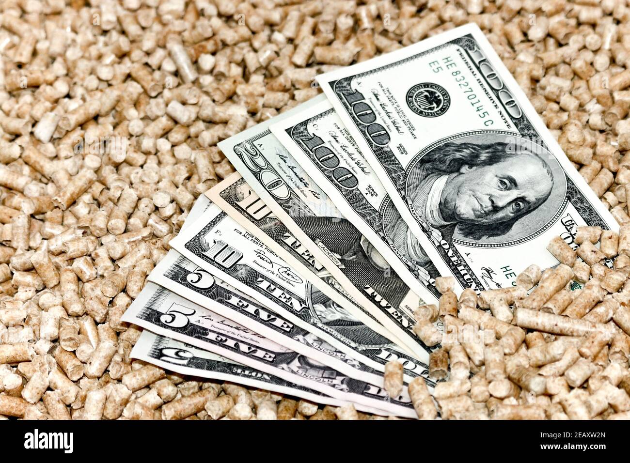 Wood pellets and money, dollars. The concept of savings when using