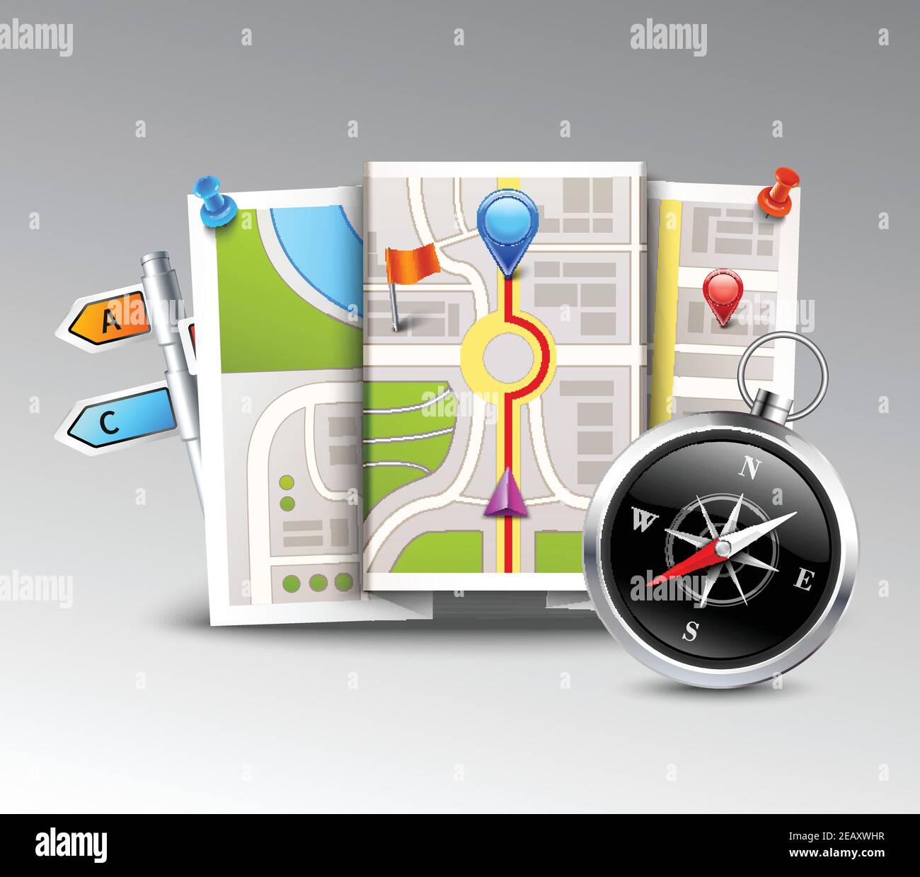 Navigation realistic background with compass map and distance points vector illustration Stock