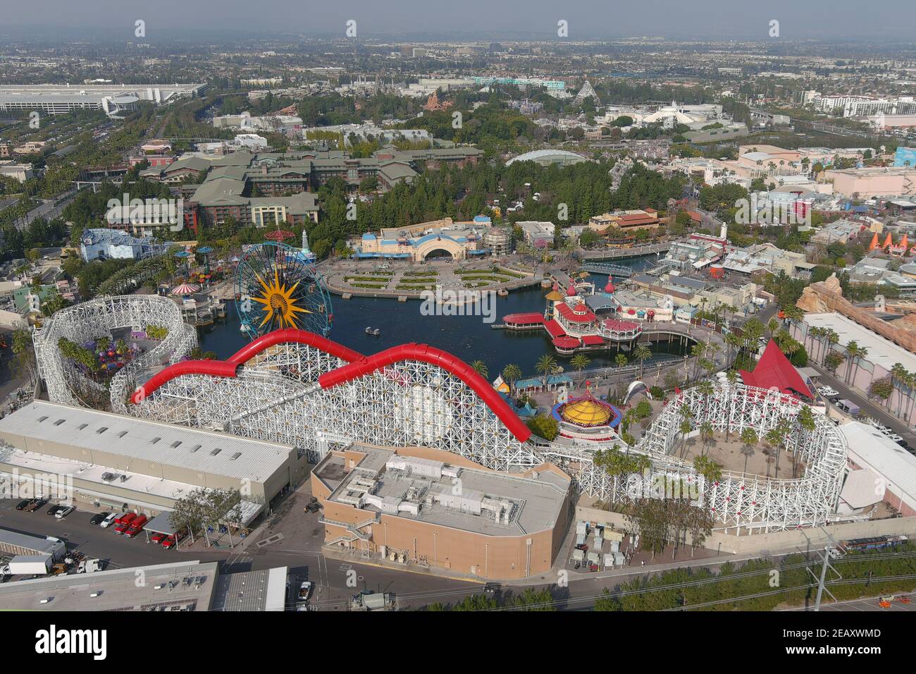 An aerial view of Disney California Adventure and Disneyland Park, Wednesday, Feb. 10, 2021, in Anaheim, Calif. Stock Photo