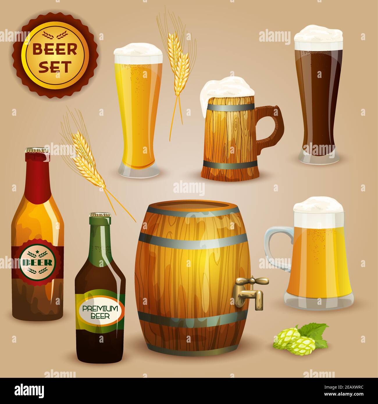 Premium beer foam head glasses and wooden mug and barrel icons