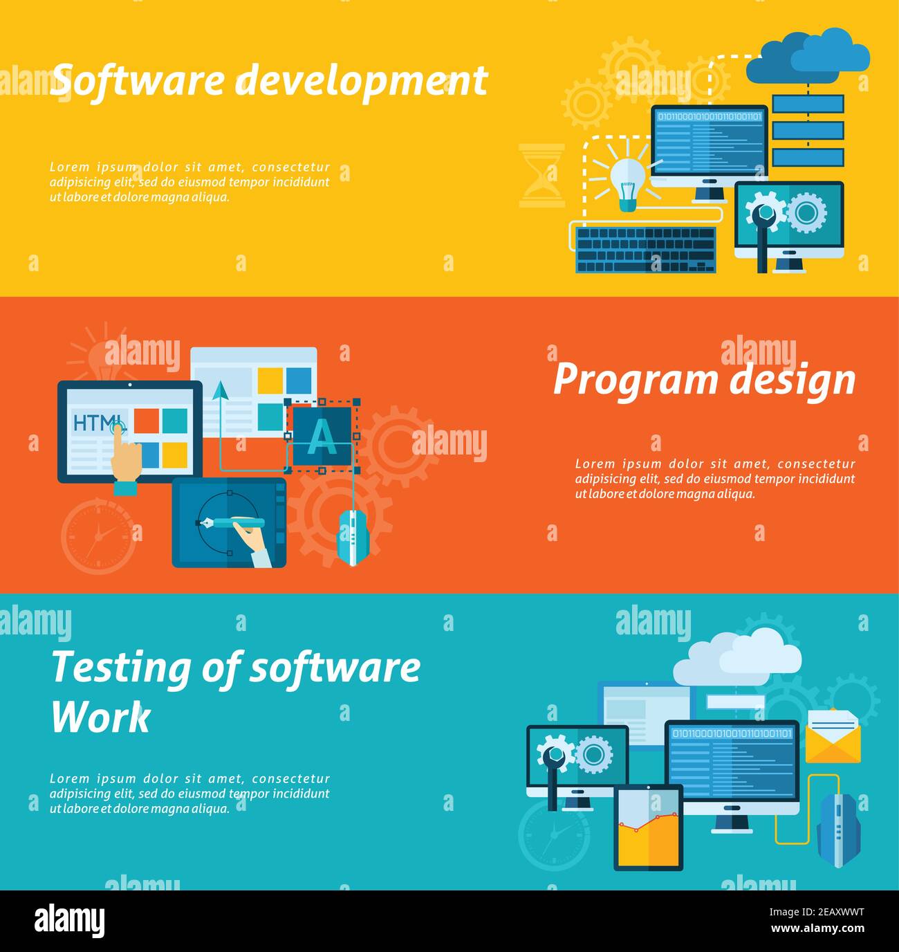 Program development horizontal banner set with software testing flat elements isolated vector illustration Stock Vector