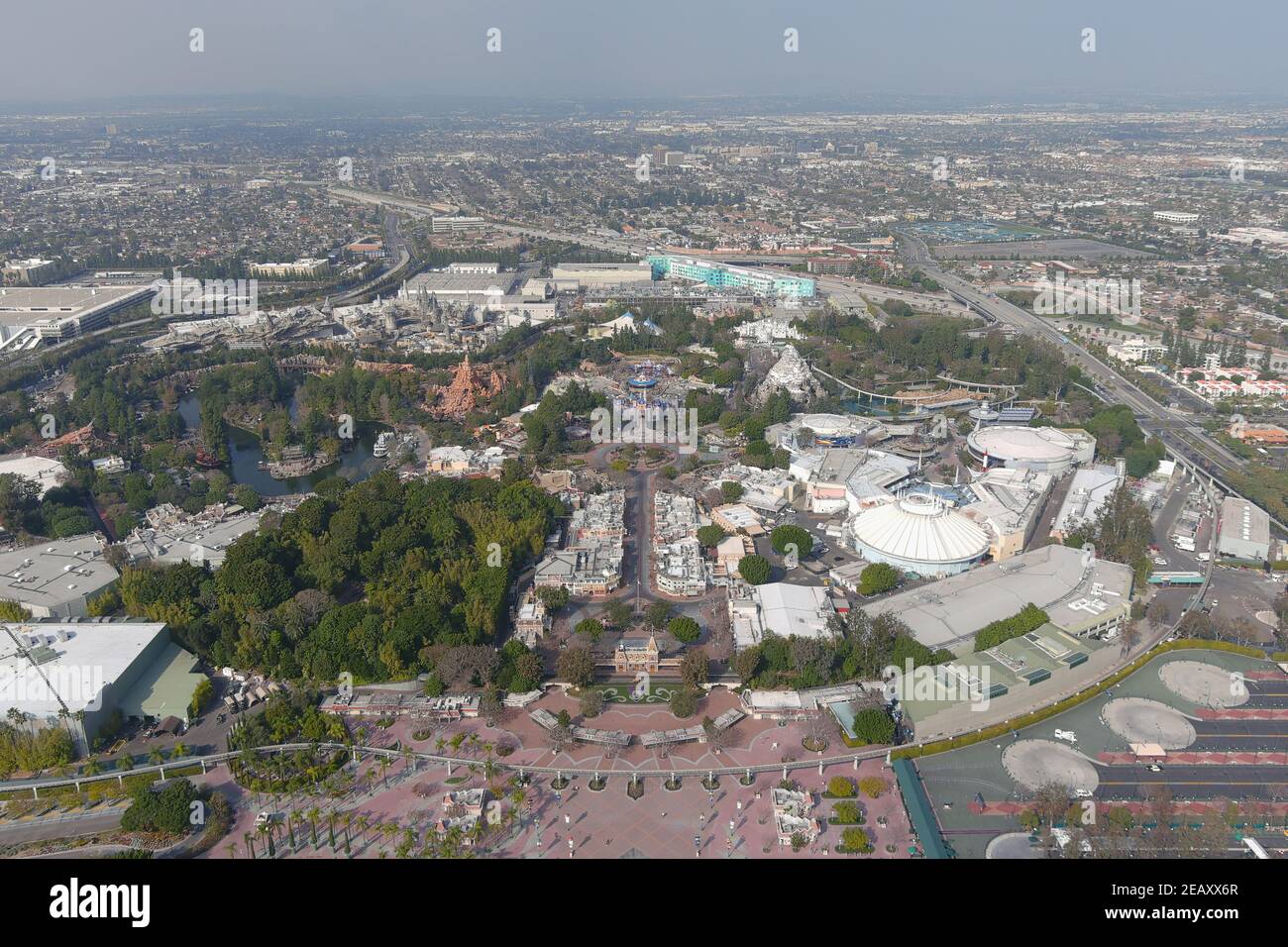 An Aerial View Of Disneyland Park Wednesday Feb 10 2021 In Anaheim Calif 2EAXX6R 