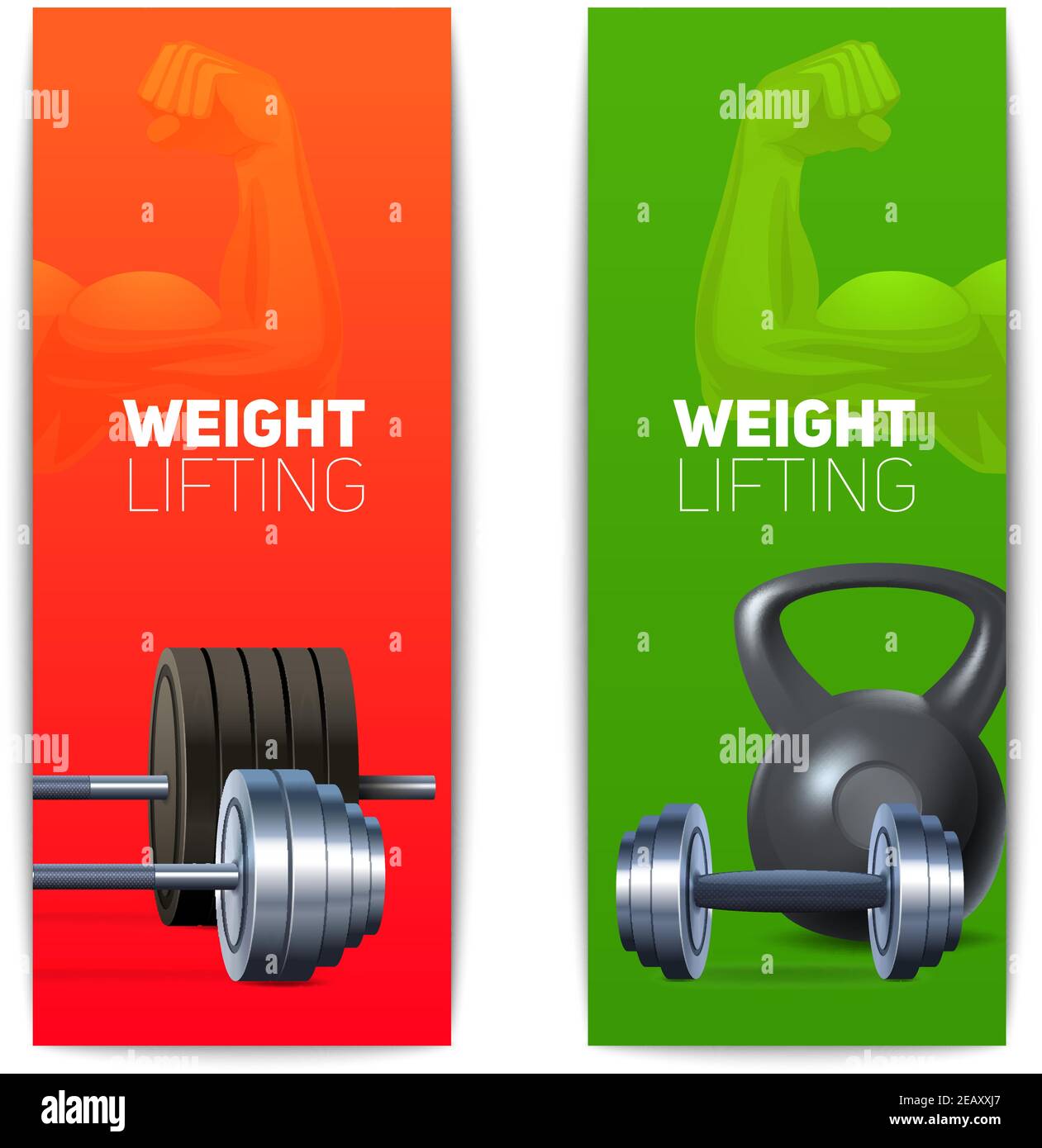 Sports banners vertical set with realistic weight lifting equipment