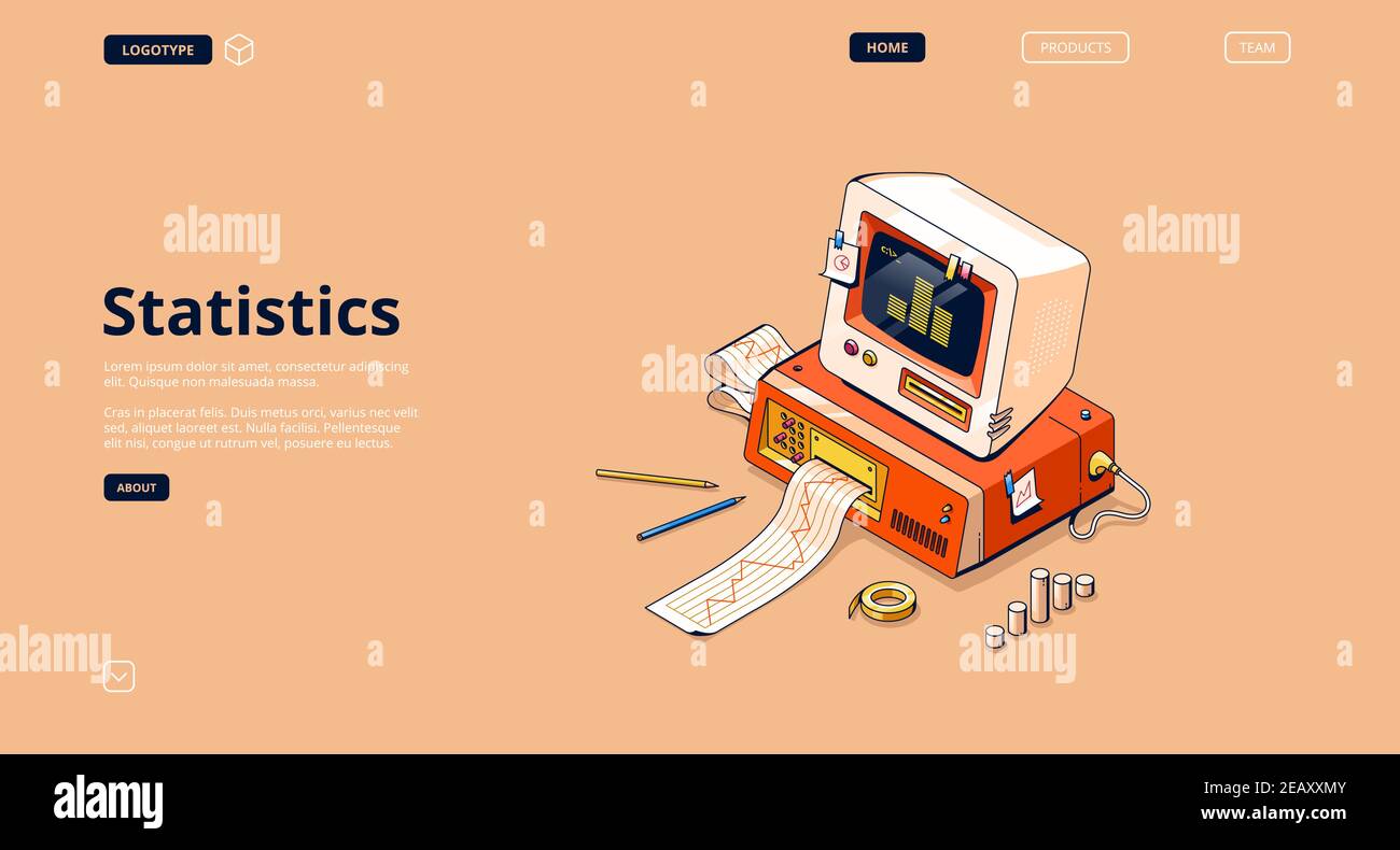 Statistics banner. Service for data analysis and research, statistical information. Vector landing page with isometric illustration of retro computer with printer, graph and diagram on screen Stock Vector