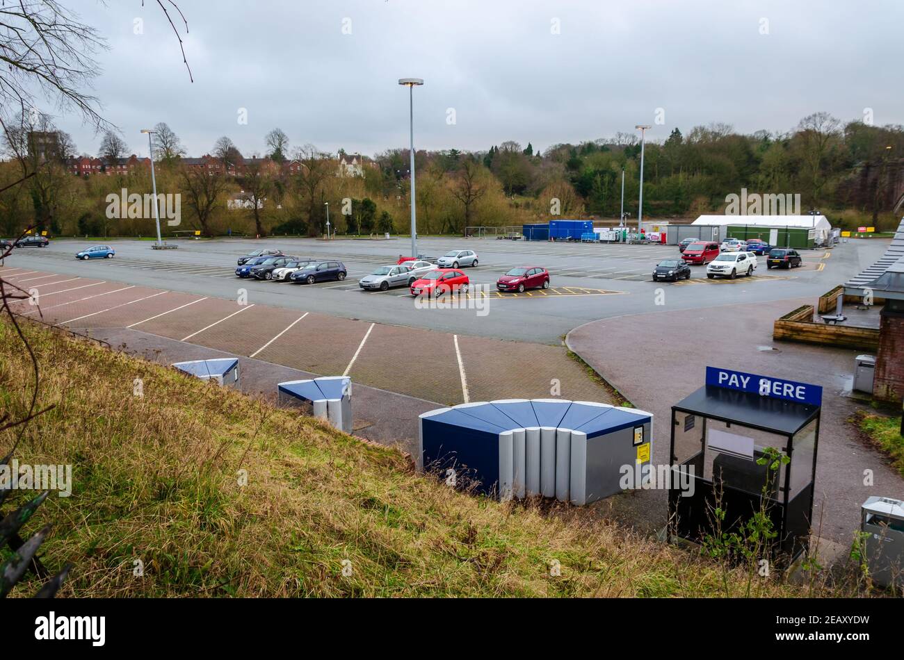 Chester; UK: Jan 29, 2021: The Little Roodee Car, coach and lorry park is very quiet on a damp Friday afternoon during lockdown due to the pandemic co Stock Photo
