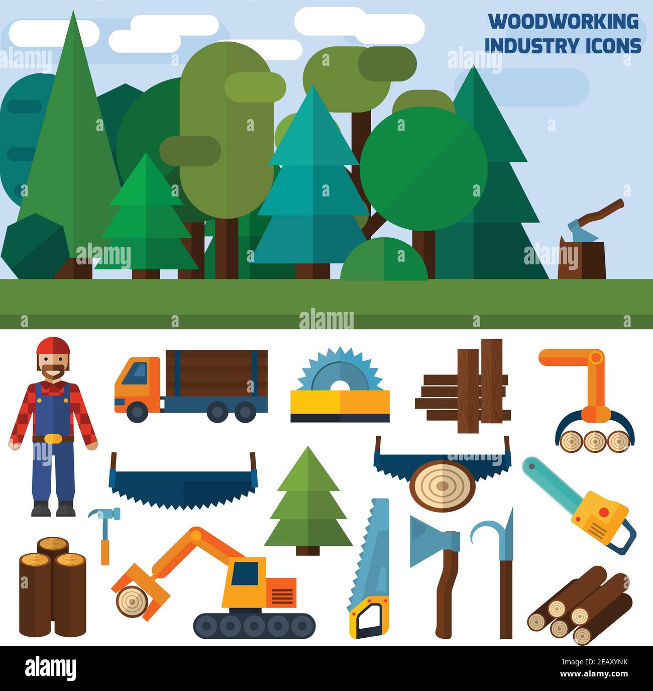 Woodworking industry decorative flat icons set with carpentry and labor work tools vector illustration Stock Vector