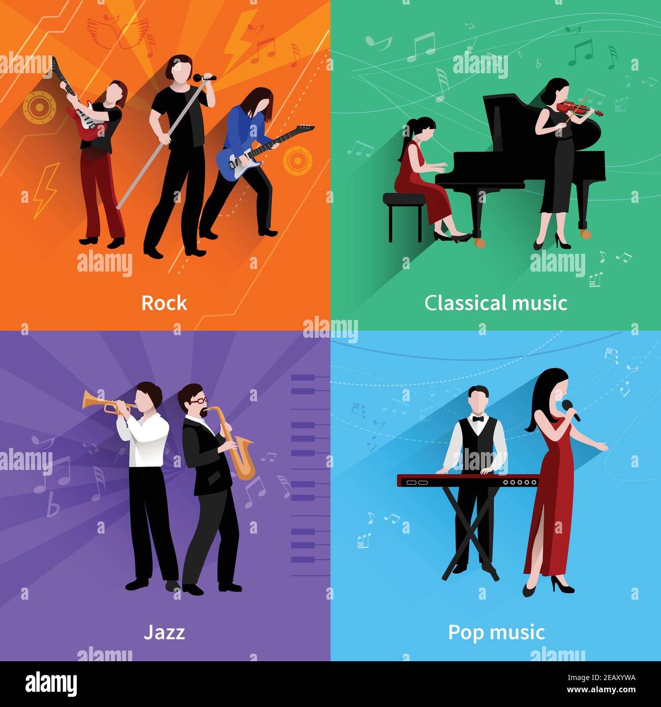 Musicians design concept set with pop rock jazz classical music players  flat icons isolated vector illustration Stock Vector Image & Art - Alamy