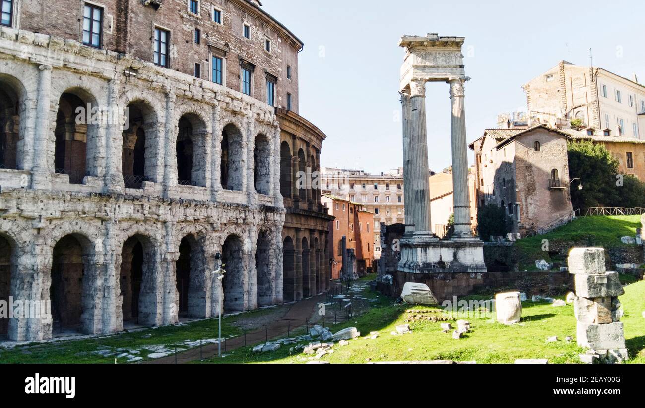 Majestic and well conservated Marcello Teather and Temples of Apollo and Bellona ruins located in historical ancient Rome downtown its a world tourist Stock Photo