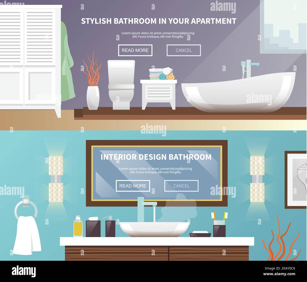 Bathroom furniture horizontal banner set with stylish apartment ...