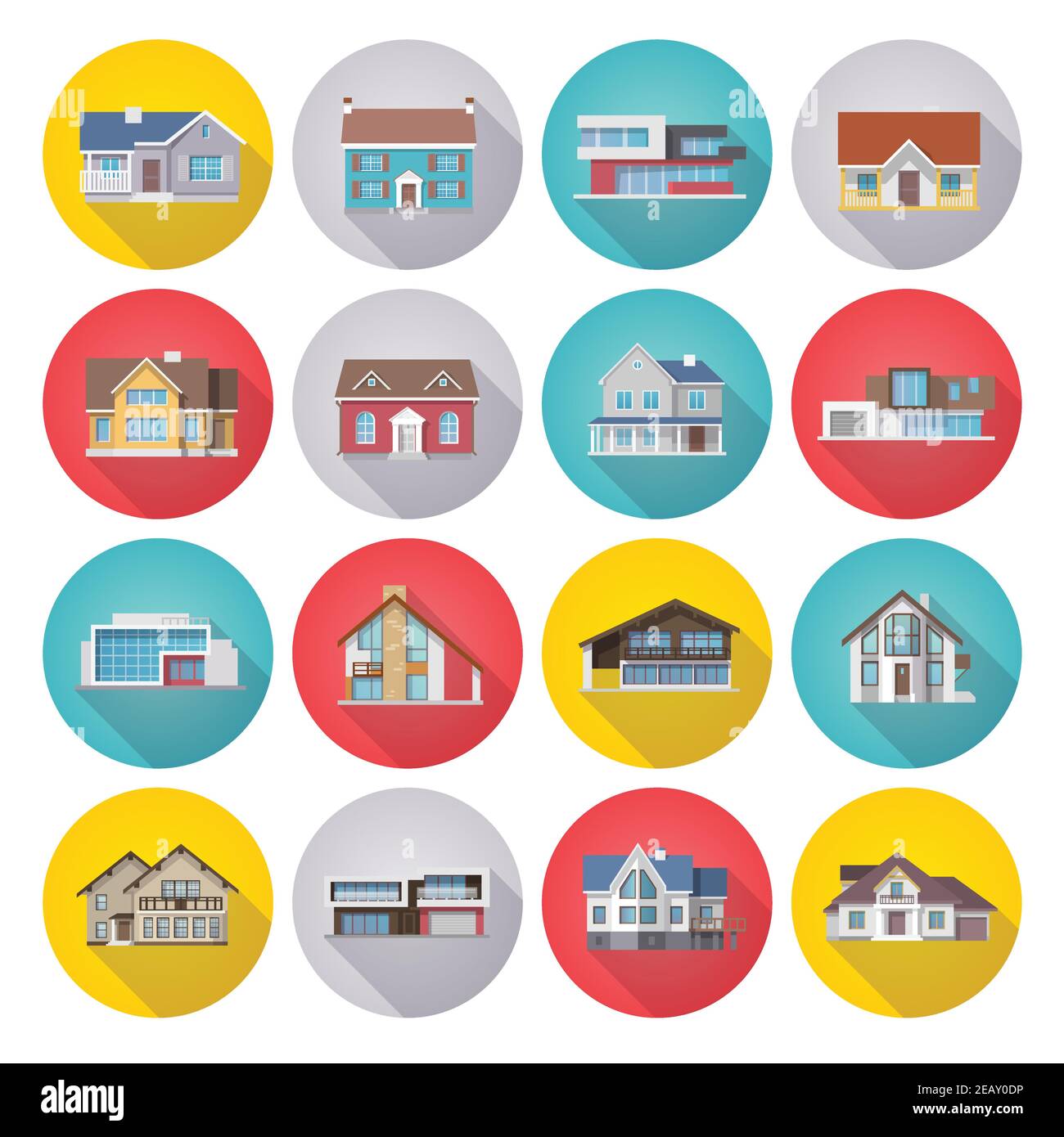 Town houses icons flat long shadow set isolated vector illustration ...