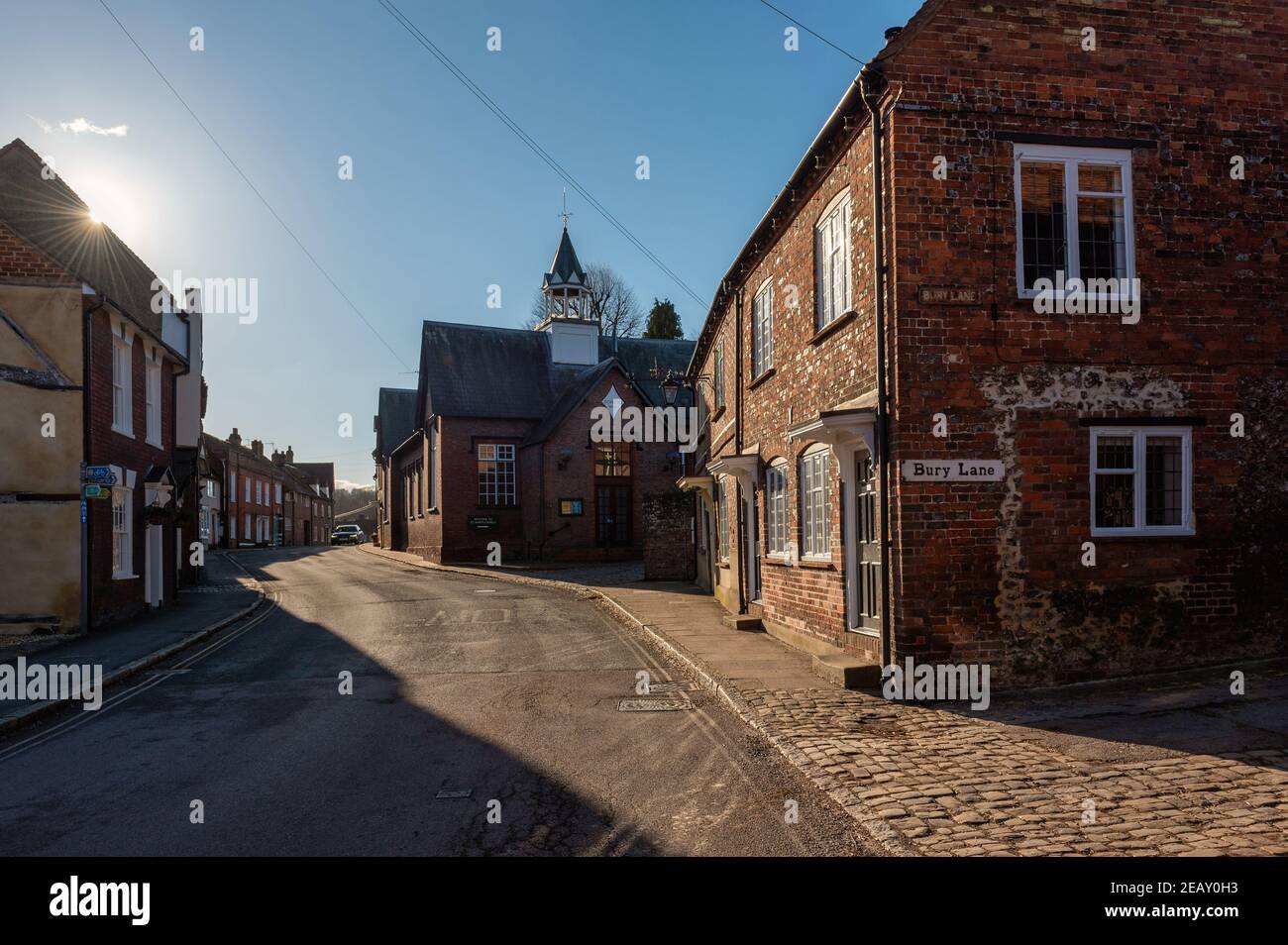 Narrow and empty Church Street and corner of Bury Line in Chesham, town in Buckinghamshire, England Stock Photo