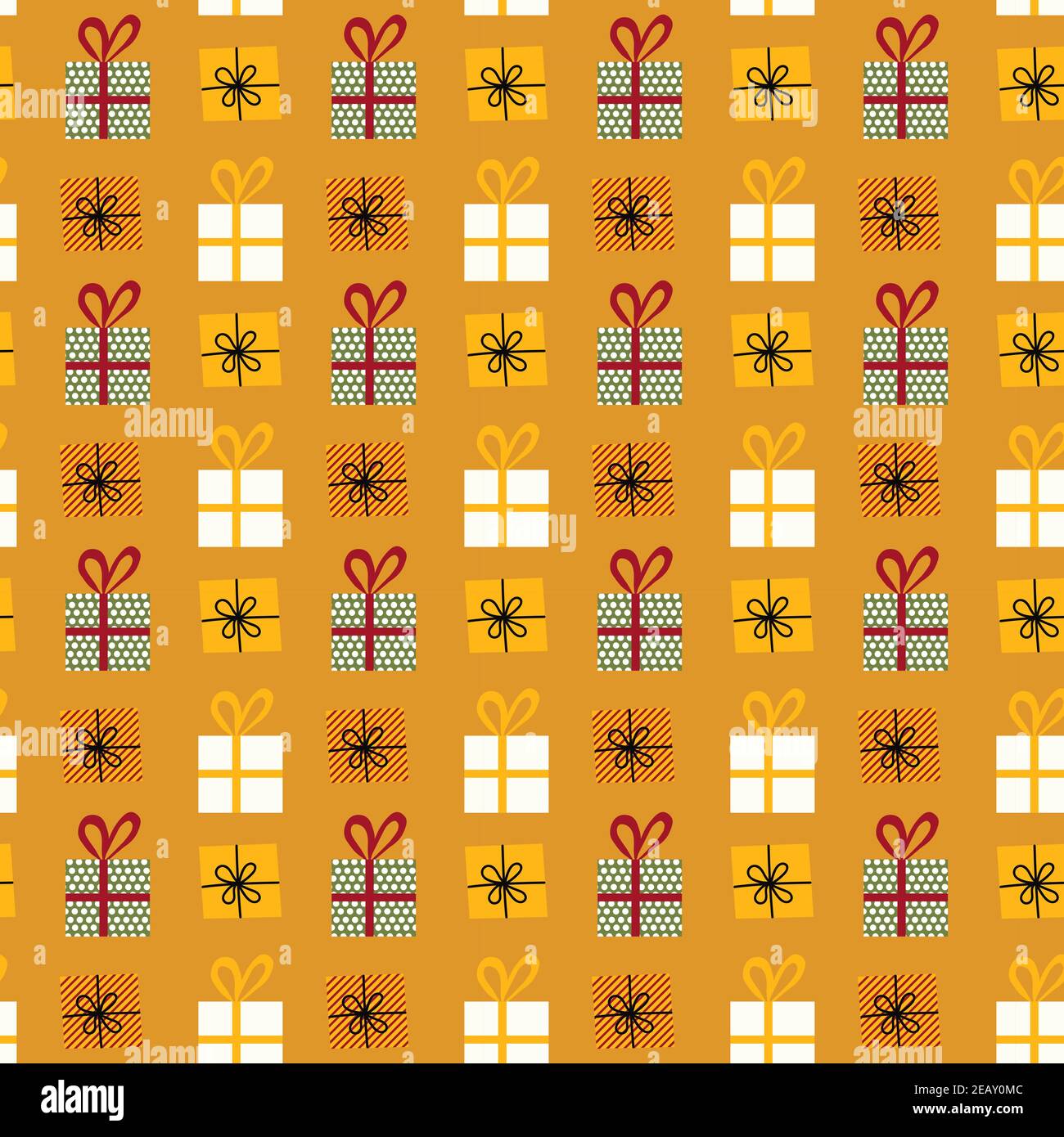 Seamless pattern with hand drawn gift boxes in flat style on yellow ...