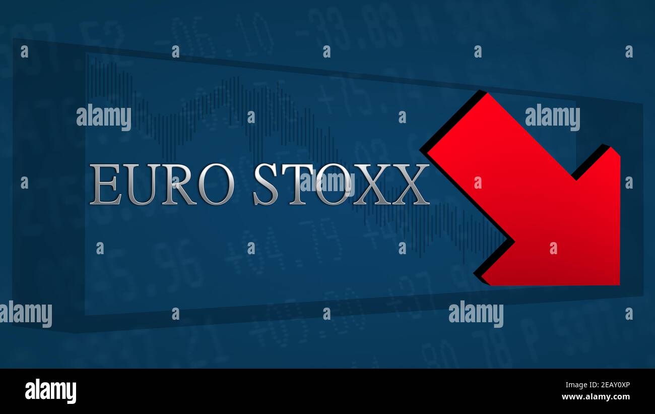 The EURO STOXX, a stock market index of the Eurozone is trading lower. A red tilted arrow symbolizes a bearish scenario. The silver EuroStoxx title... Stock Photo