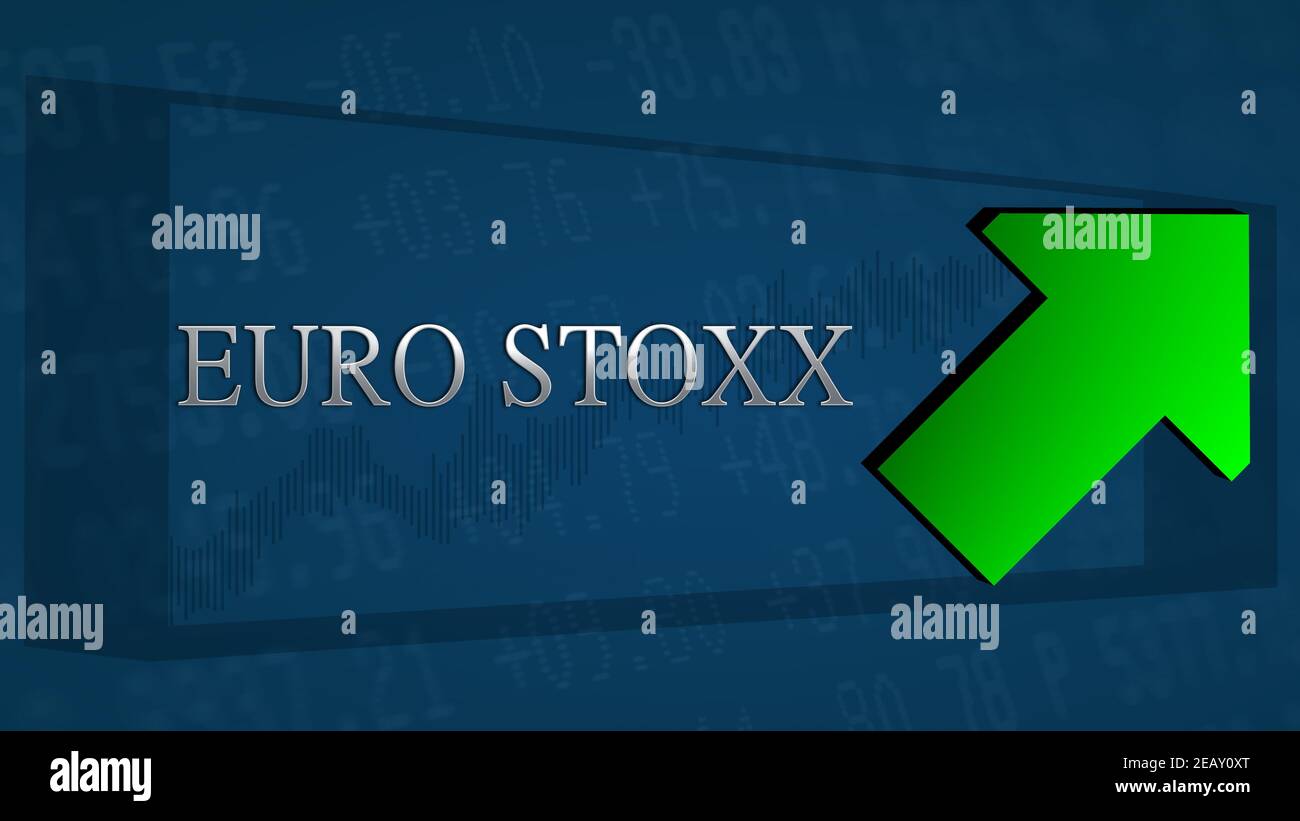 The EURO STOXX, a stock market index of the Eurozone is trading higher. A green tilted arrow symbolizes a bullish scenario. The silver EuroStoxx title... Stock Photo