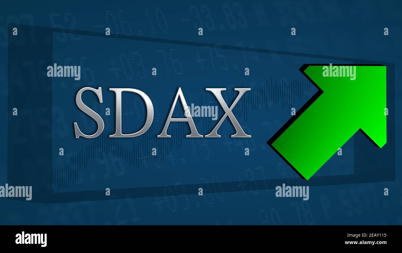The German stock market index SDAX is trading higher. A green tilted arrow symbolizes a bullish scenario. The silver SDAX title on a blue background w Stock Photo