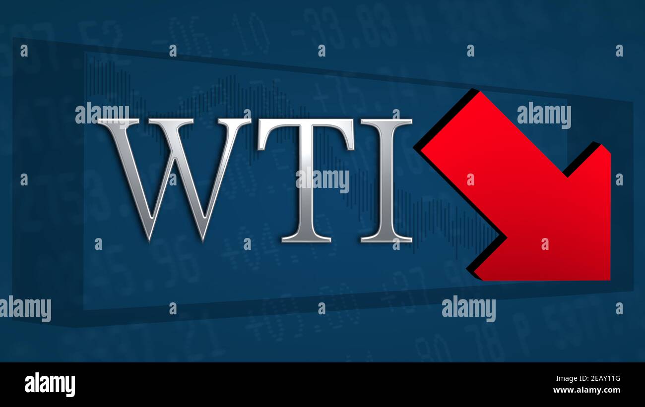 The price of WTI Crude oil is trading lower. A red tilted arrow symbolizes a bearish scenario. The silver WTI title on a blue background with the... Stock Photo