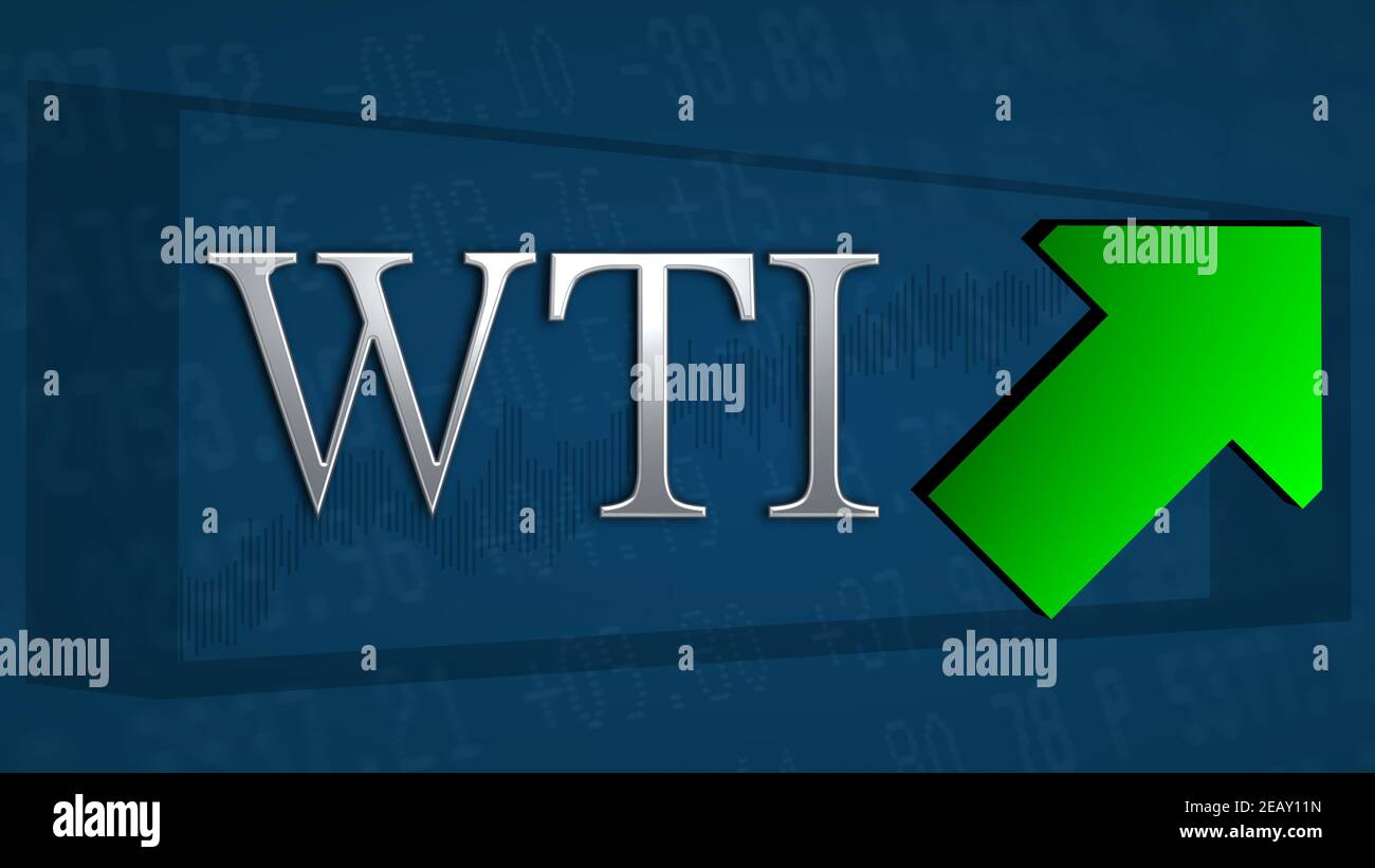 The price of WTI Crude oil is trading higher. A green tilted arrow symbolizes a bullish scenario. The silver WTI title on a blue background with the... Stock Photo