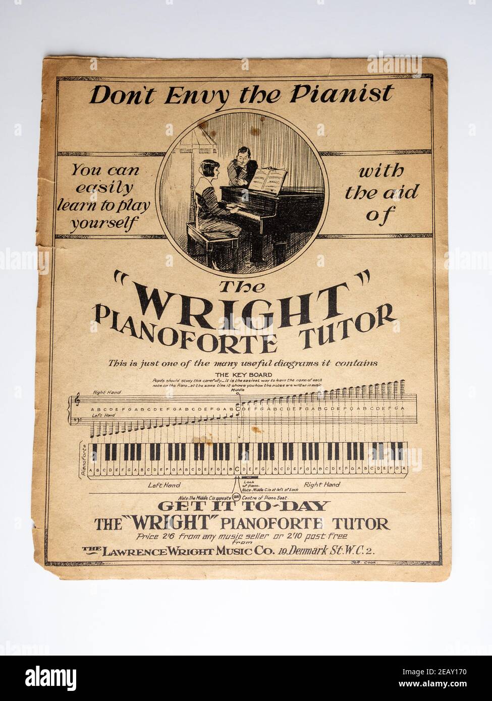 Stock photo of vintage sheet music  found in a UK junk shop; advert on the reverse for The Wright Pianoforte Tutor. Stock Photo