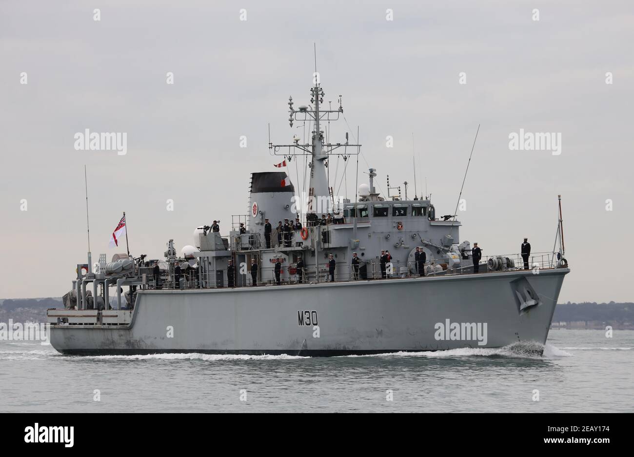 The Royal Navy Mine Counter Measures Vessel HMS LEDBURY (M30) returns to its base port after an