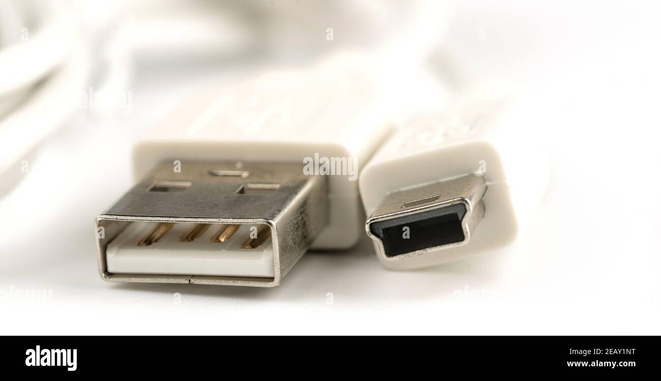 Macro shot of USB connectors on a white cable. Various types of USB